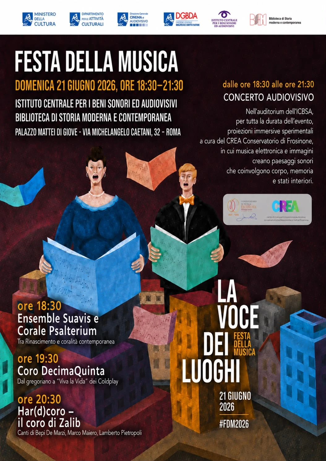 Locandina Festa della Musica — Domenica 21 Giugno 2026, ore 18:30–21:30, Palazzo Mattei di Giove, Roma. Har(d)coro alle 20:30.